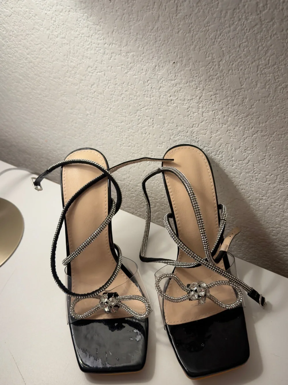 Black Patent Strappy Heels with Crystal Bow Detail